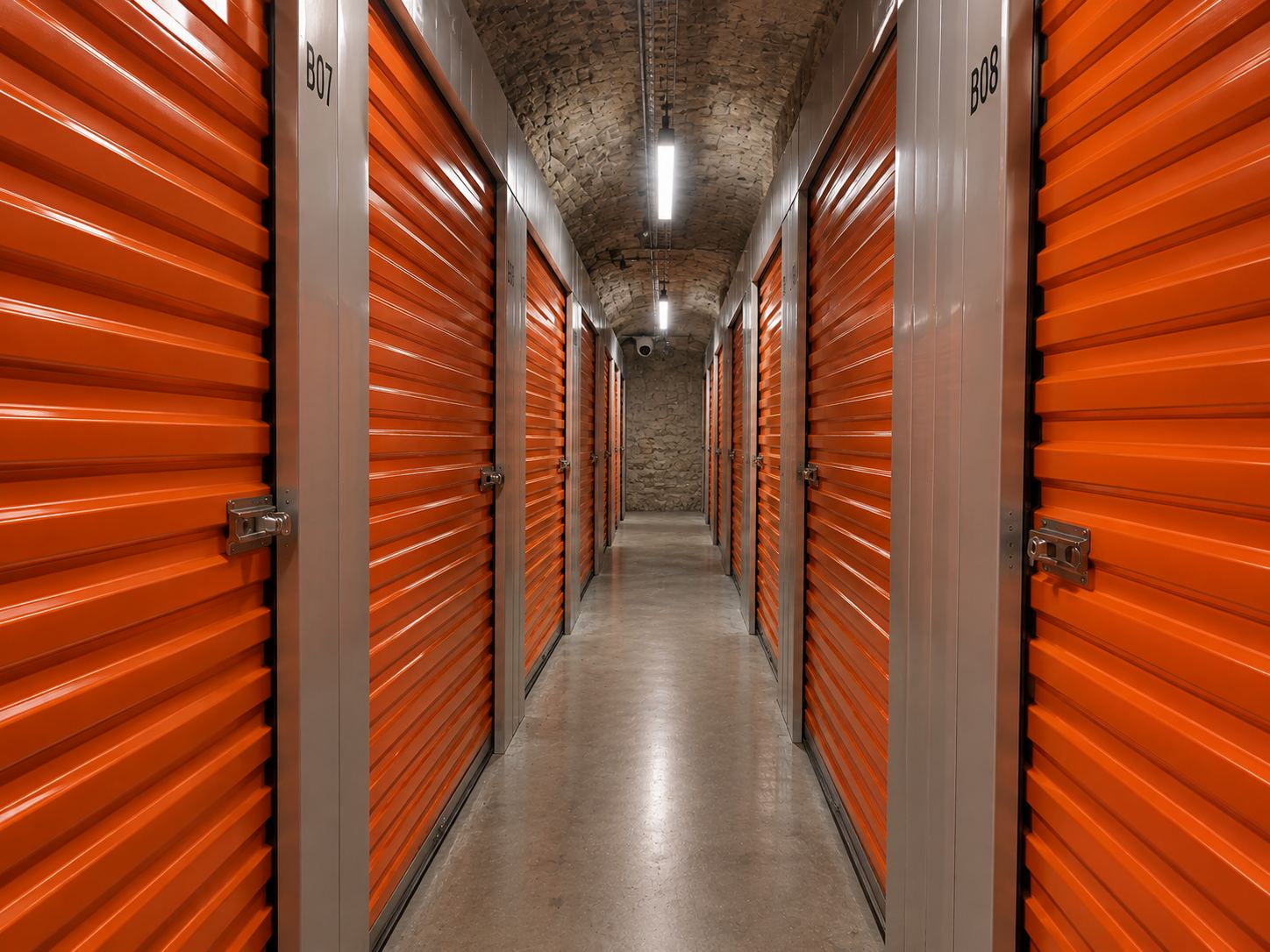 Allée voûtée en pierre bordée de box aux portes orange, numérotées B07 et B08